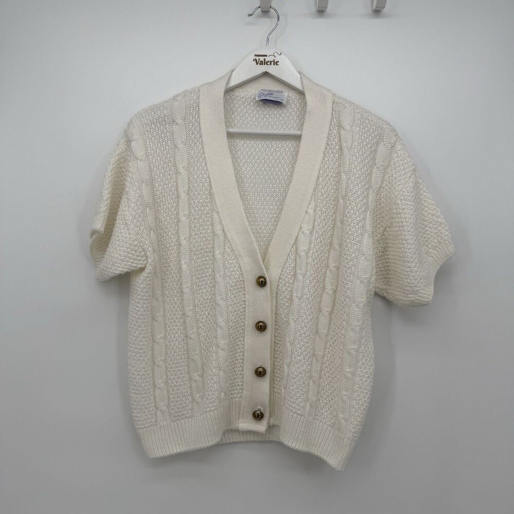 Arielle Vintage Ivory Cable Knit Button Front Cardigan Sweater Size M-L Classic